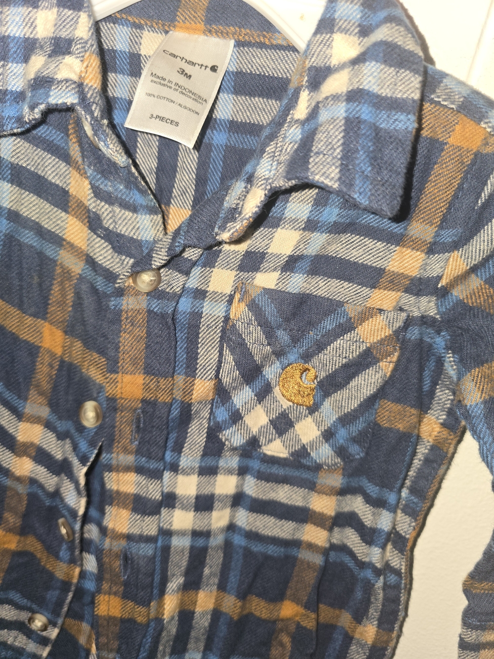 Carhartt Boy's 3month Blue and Tan Plaid Flannel Shirt